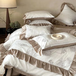 Duvet Cover Set Cotton Satin Rose Embroidery & Double Ruffle