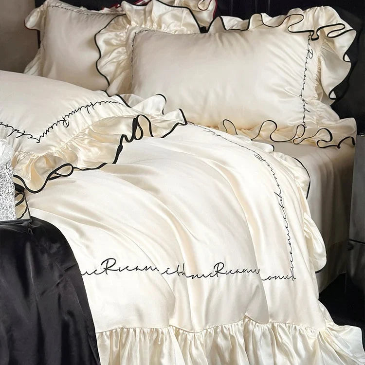 Duvet Cover Set Cotton Satin Ruffled Edge & Embroidered