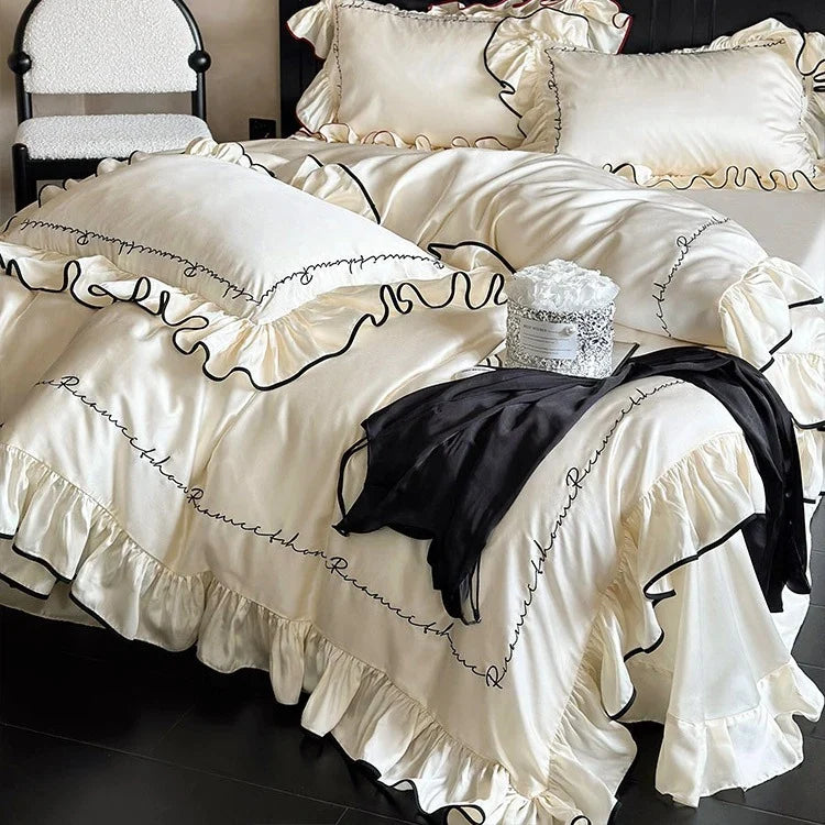 Duvet Cover Set Cotton Satin Ruffled Edge & Embroidered