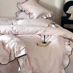 Duvet Cover Set Cotton Satin Ruffled Trim & Contrasting Piping