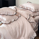 Duvet Cover Set Cotton Satin Ruffled Trim & Contrasting Piping