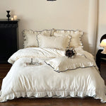 Duvet Cover Set Cotton Satin Ruffled Trim & Contrasting Piping
