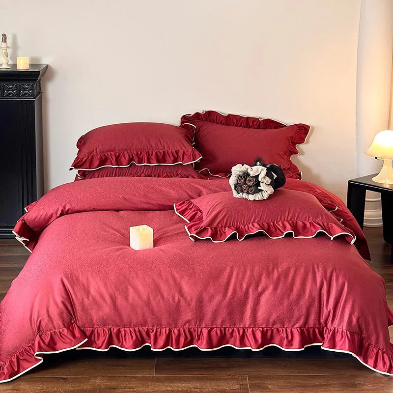 Duvet Cover Set Cotton Satin Ruffled Trim & Contrasting Piping