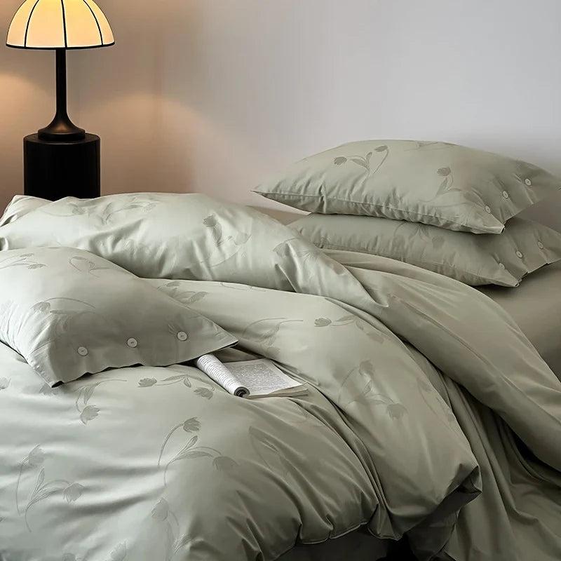 Duvet Cover Set Cotton Satin Tonal Floral Jacquard