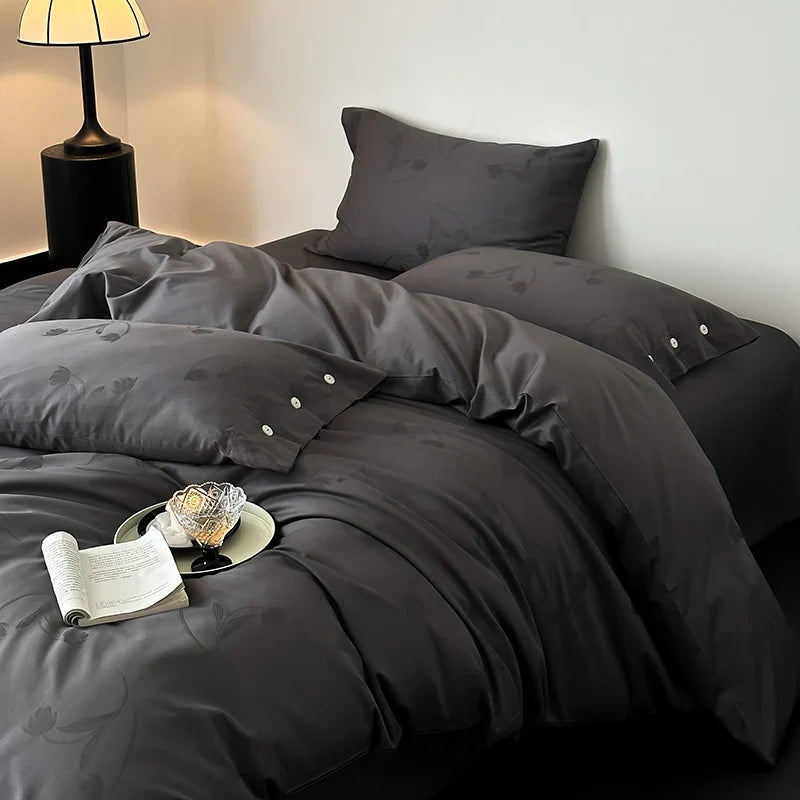 Duvet Cover Set Cotton Satin Tonal Floral Jacquard