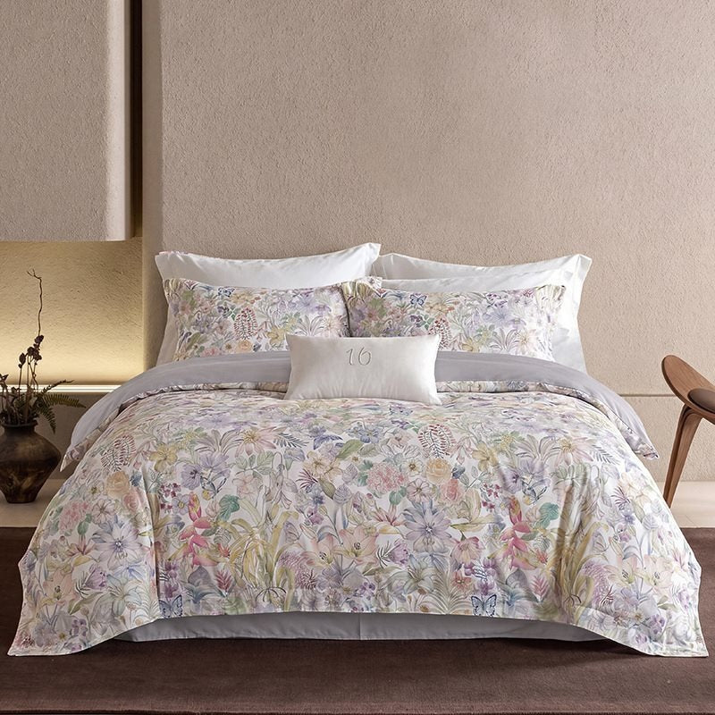 Duvet Cover Set Cotton Satin Watercolor Botanical Machine Washable