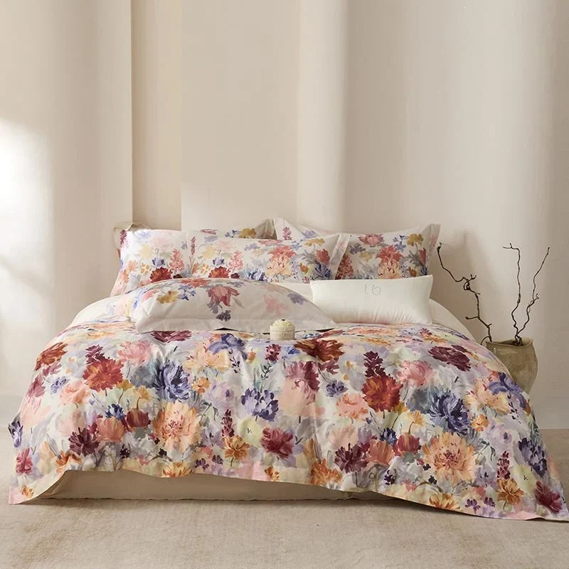 Duvet Cover Set Cotton Satin Watercolor Botanical Machine Washable