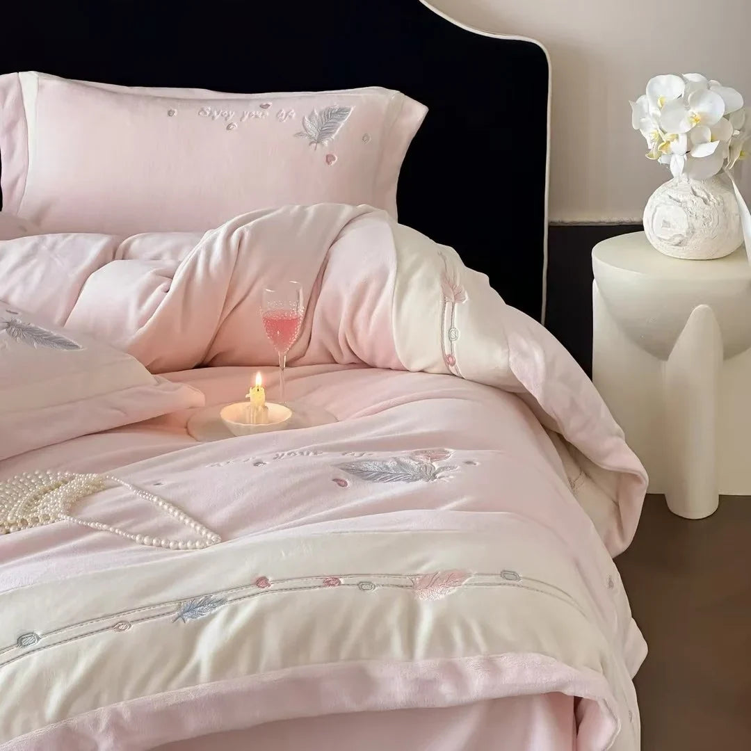 Duvet Cover Set Embroidered Feather Quilted Cotton Blend