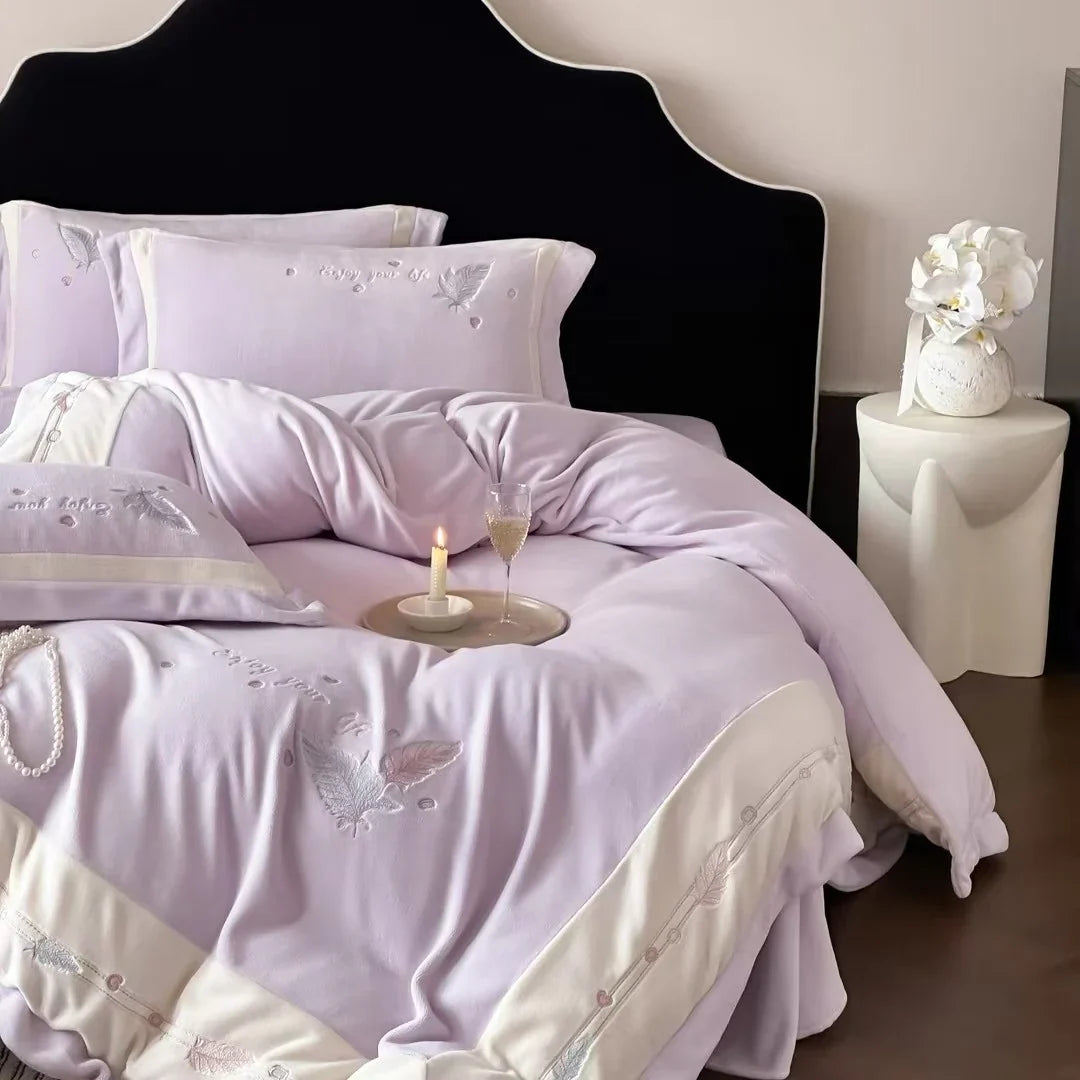 Duvet Cover Set Embroidered Feather Quilted Cotton Blend