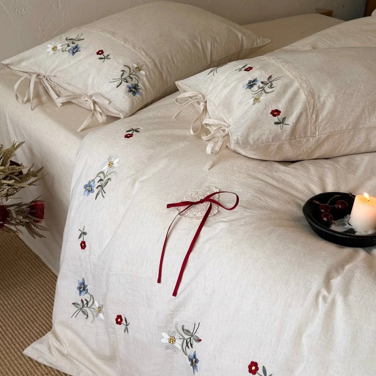 Duvet Cover Set Embroidered Floral Linen-Look Cotton Blend
