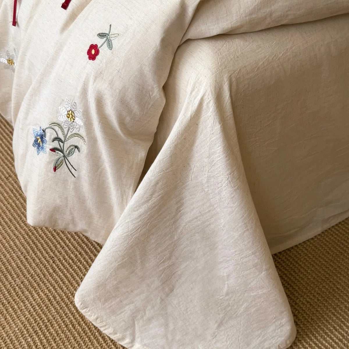 Duvet Cover Set Embroidered Floral Linen-Look Cotton Blend