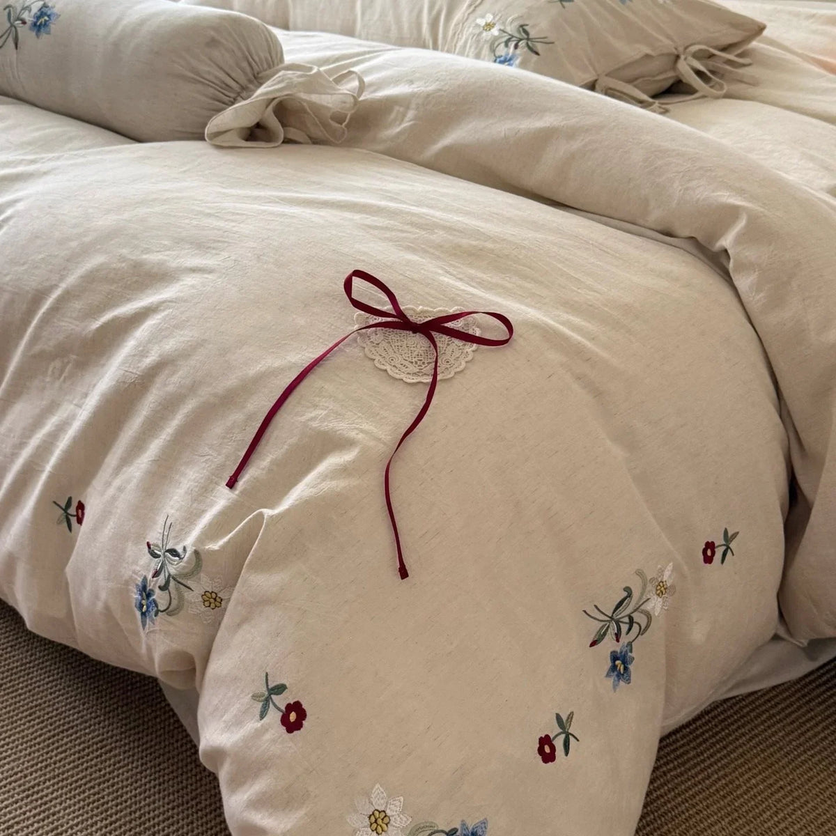 Duvet Cover Set Embroidered Floral Linen-Look Cotton Blend