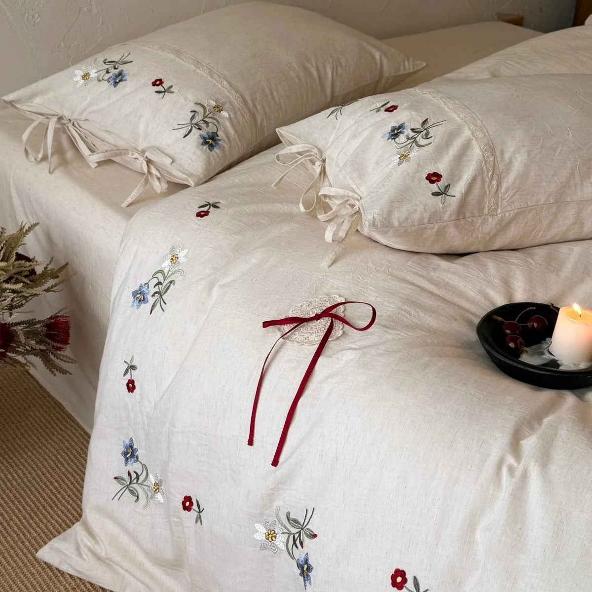 Duvet Cover Set Embroidered Floral Linen-Look Cotton Blend