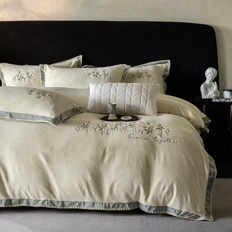 Duvet Cover Set Fine Cotton Satin Floral Embroidery