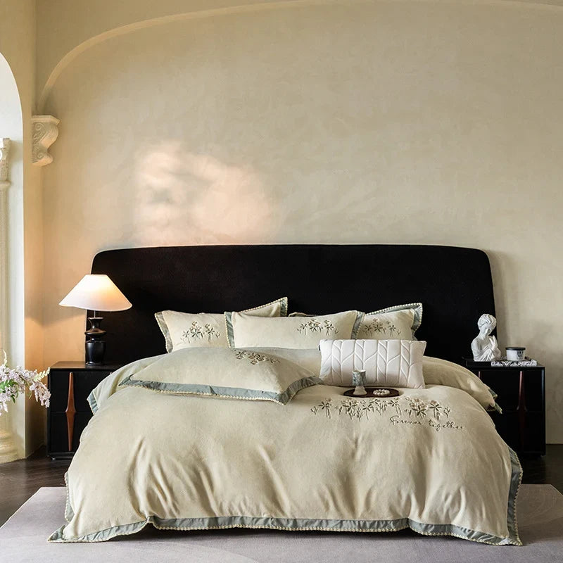 Duvet Cover Set Fine Cotton Satin Floral Embroidery