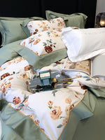 Duvet Cover Set Fine Satin Watercolor Floral Ruffled Edge