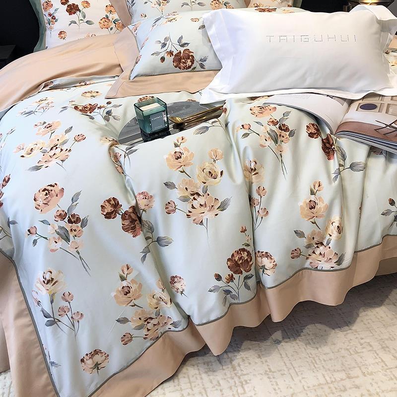 Duvet Cover Set Fine Satin Watercolor Floral Ruffled Edge