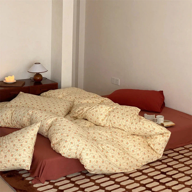 Duvet Cover Set Floral Cotton Blend Breathable 4-Piece