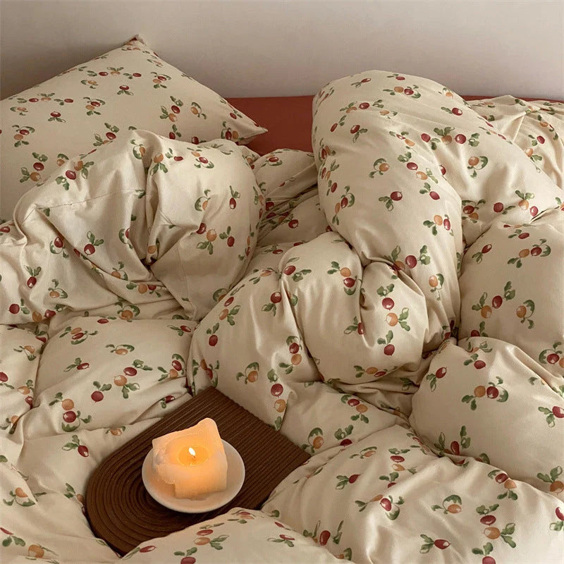 Duvet Cover Set Floral Cotton Blend Breathable 4-Piece