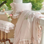 Duvet Cover Set Floral Embroidery Lace & Ruffles Pillowcases Included