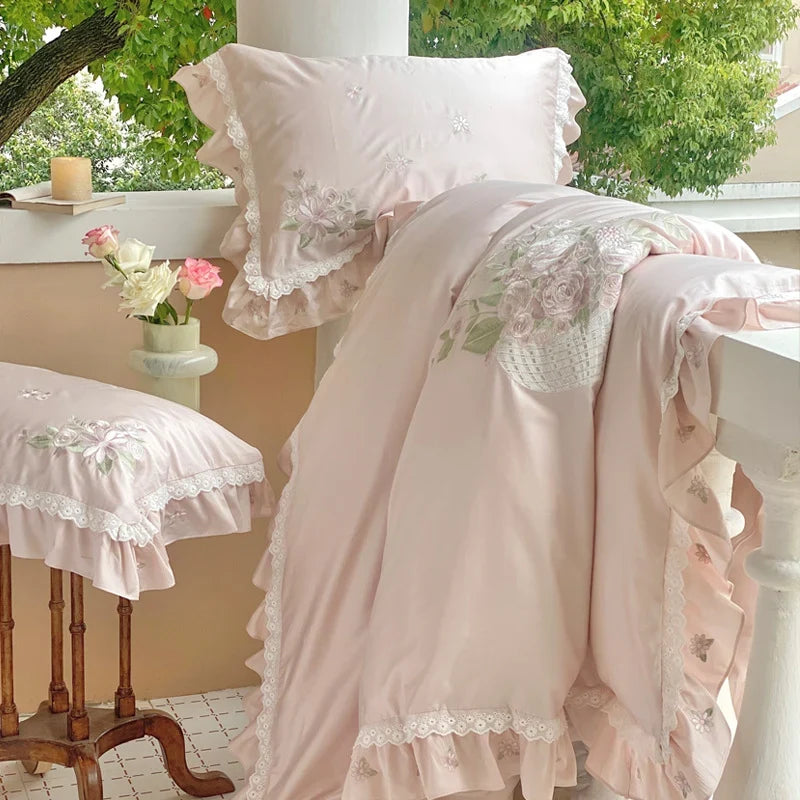 Duvet Cover Set Floral Embroidery Lace & Ruffles Pillowcases Included