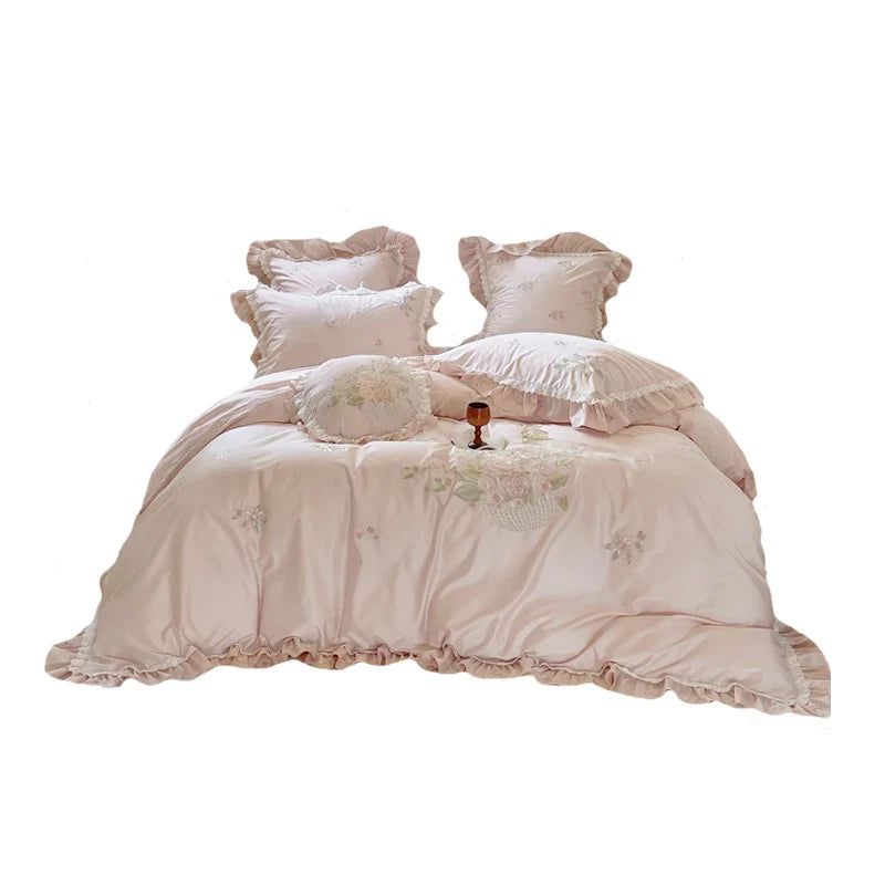 Duvet Cover Set Floral Embroidery Lace & Ruffles Pillowcases Included