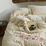 Duvet Cover Set Floral Embroidery & Ruffle Trim
