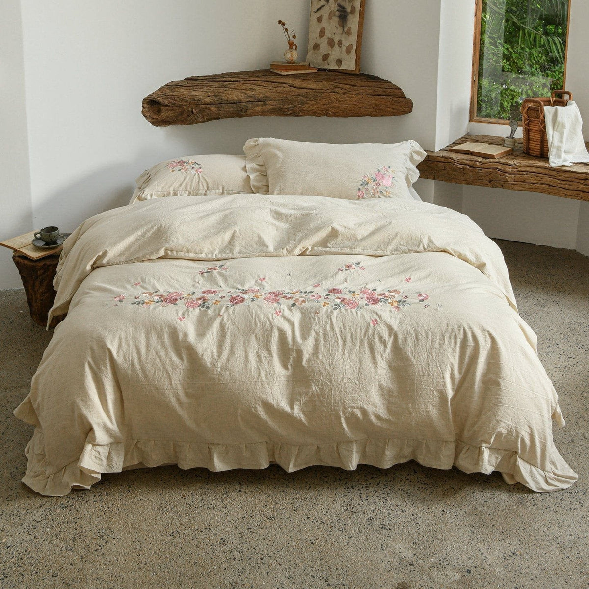Duvet Cover Set Floral Embroidery & Ruffle Trim