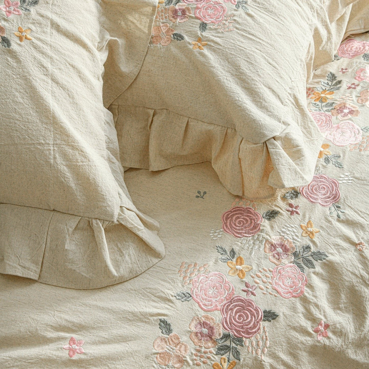Duvet Cover Set Floral Embroidery & Ruffle Trim
