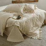 Duvet Cover Set Floral Embroidery & Ruffle Trim