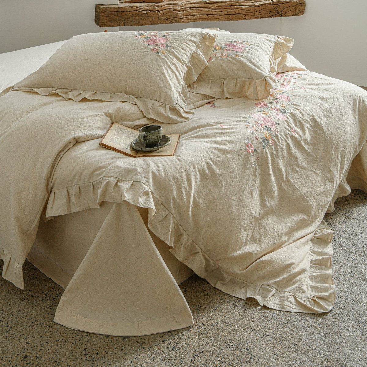 Duvet Cover Set Floral Embroidery & Ruffle Trim