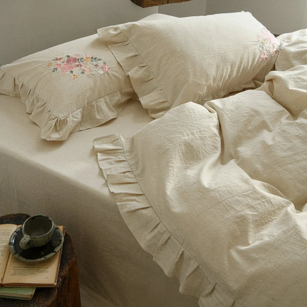 Duvet Cover Set Floral Embroidery & Ruffle Trim