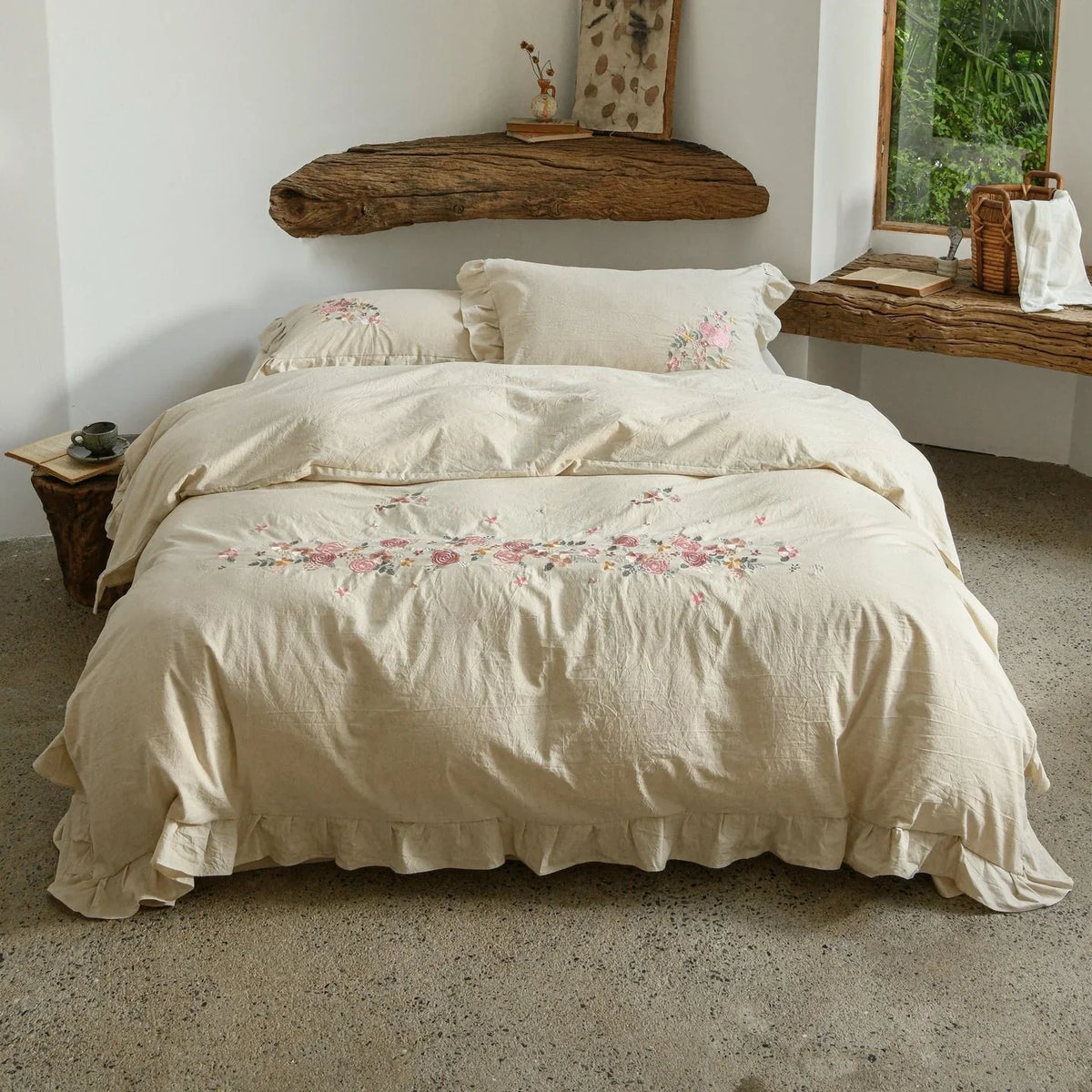 Duvet Cover Set Floral Embroidery & Ruffle Trim