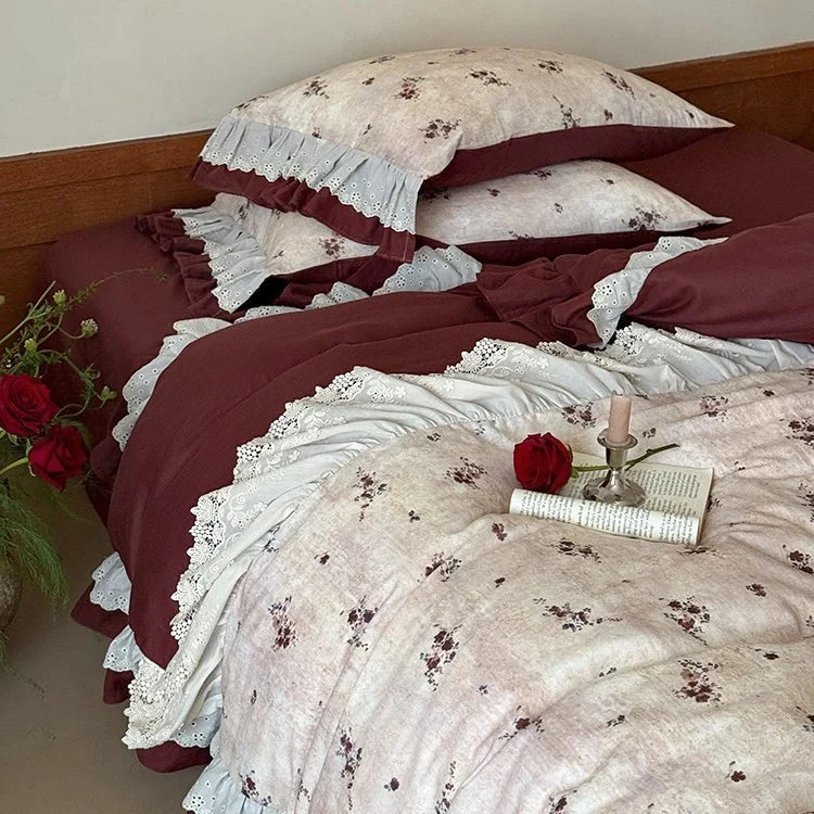 Duvet Cover Set Floral Ruffle & Lace Trim