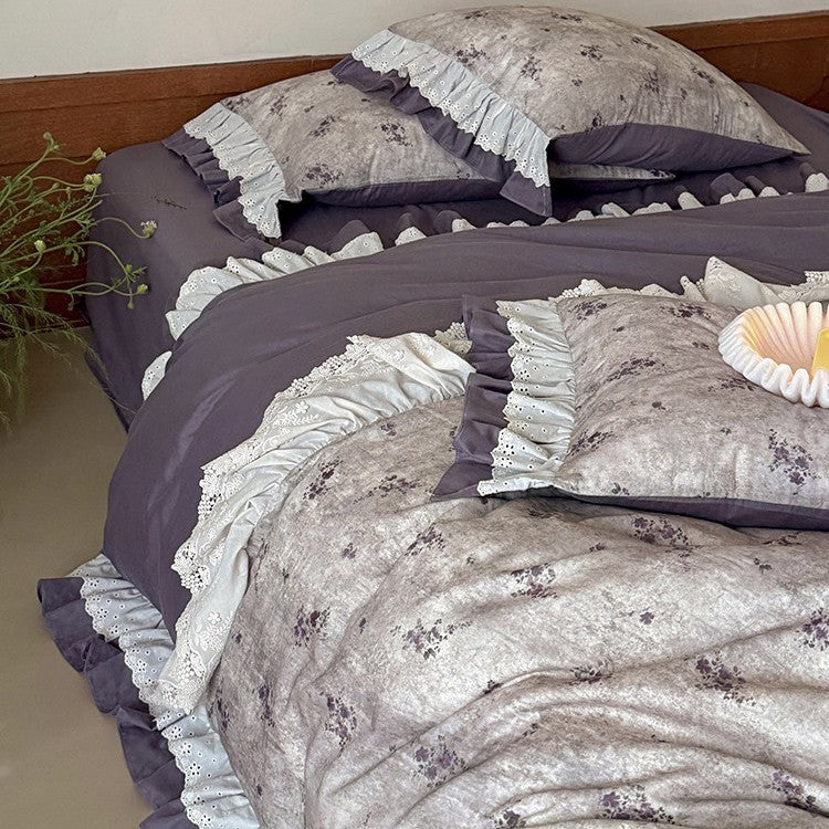 Duvet Cover Set Floral Ruffle & Lace Trim