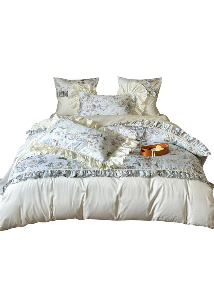 Duvet Cover Set Floral Ruffle Satin-Finish Microfiber
