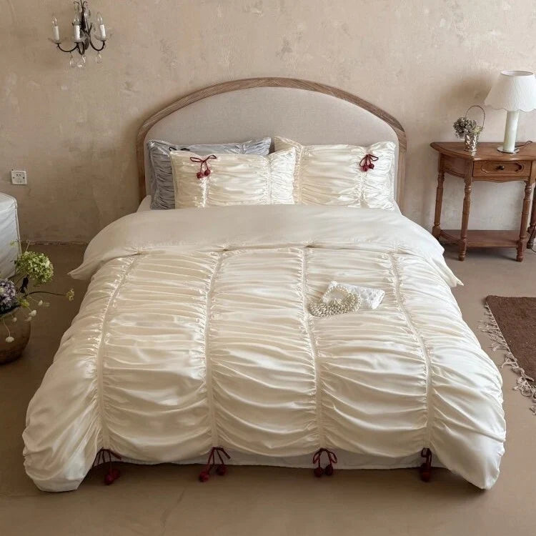 Duvet Cover Set Gathered Satin Tassel Trim 4-Piece Set