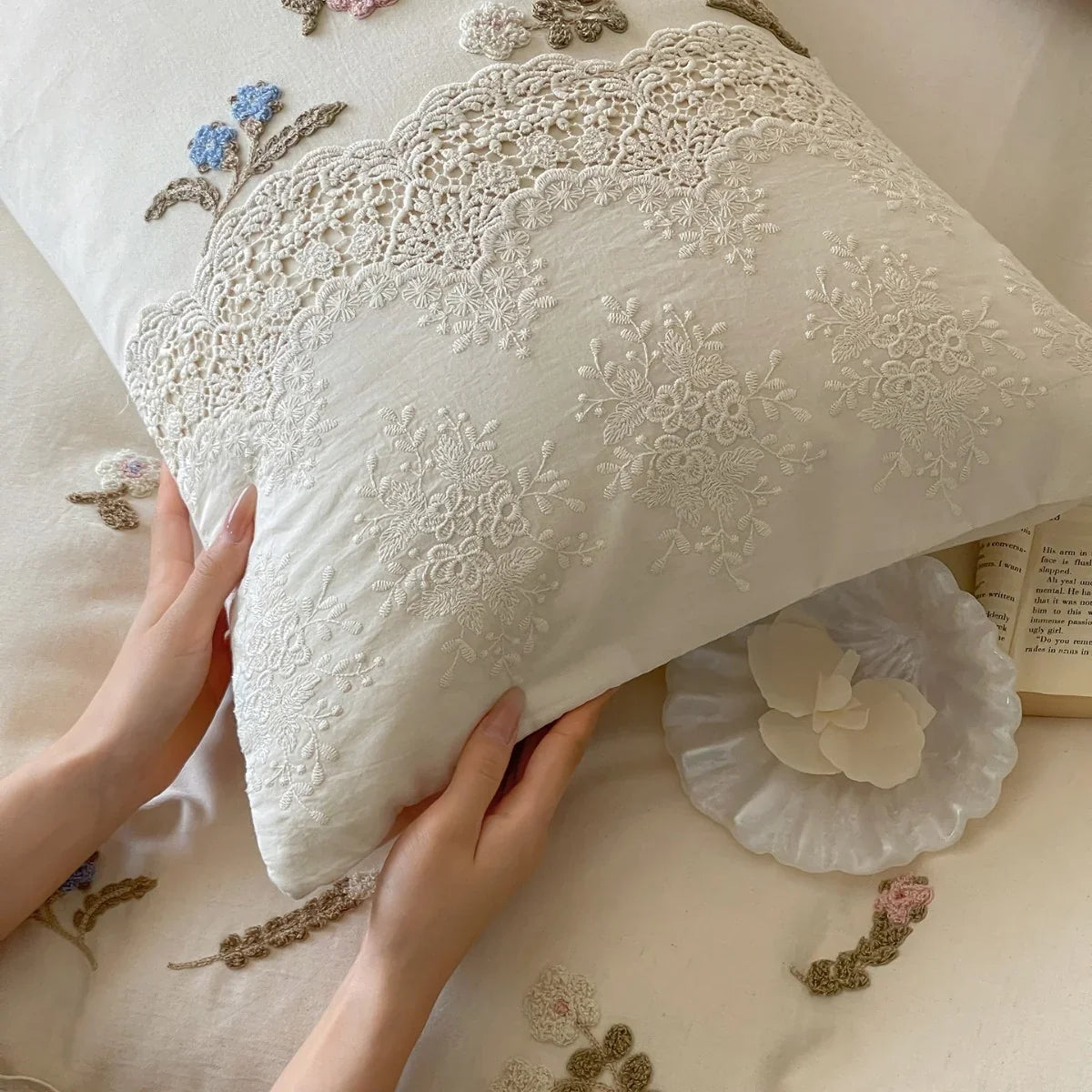 Duvet Cover Set Hand-Embroidered Cotton Satin & Lace Trim
