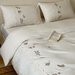 Duvet Cover Set Hand-Embroidered Cotton Satin & Lace Trim