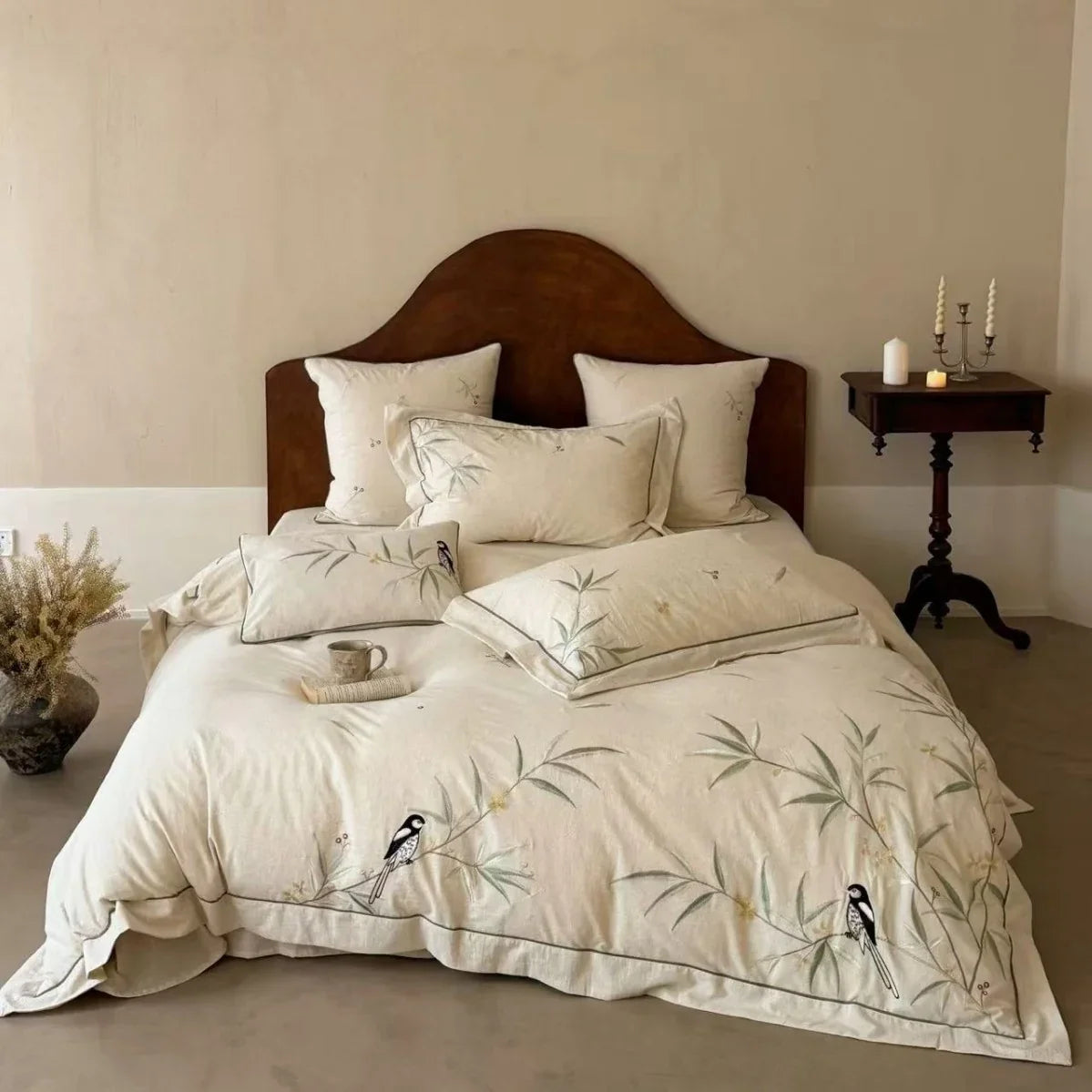 Duvet Cover Set Hand-Embroidered Floral Cotton-Linen 4-Piece
