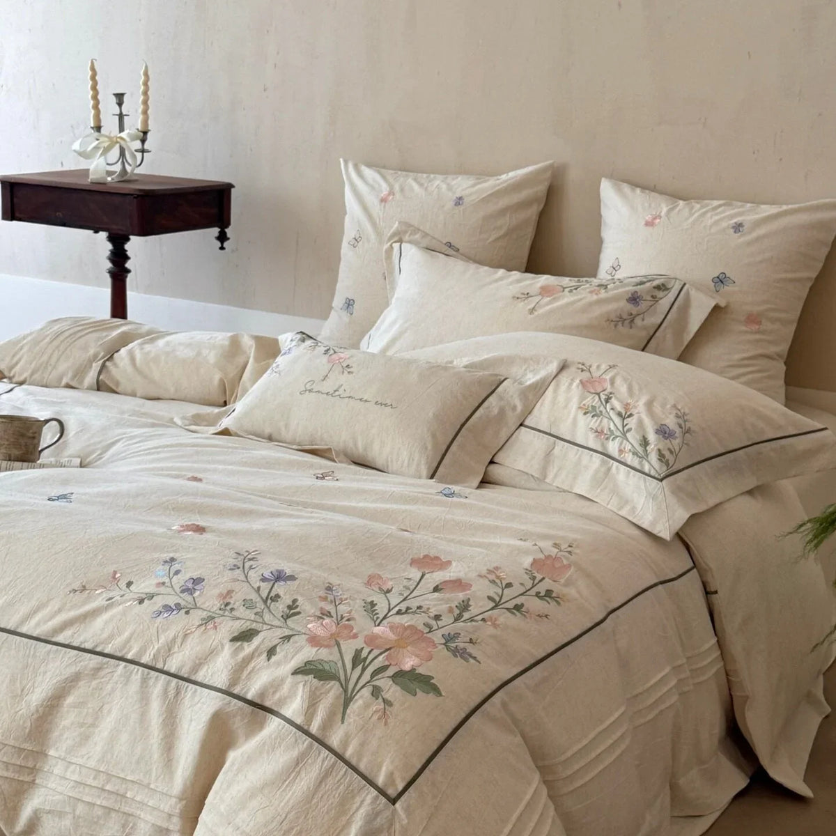Duvet Cover Set Hand-Embroidered Floral Cotton-Linen 4-Piece