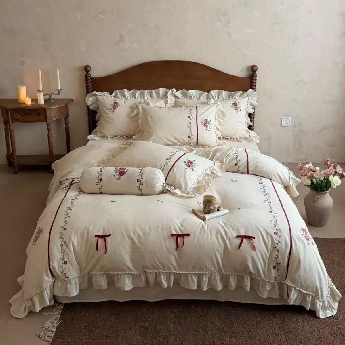 Duvet Cover Set Hand-Embroidered Floral Cotton-Linen 4-Piece