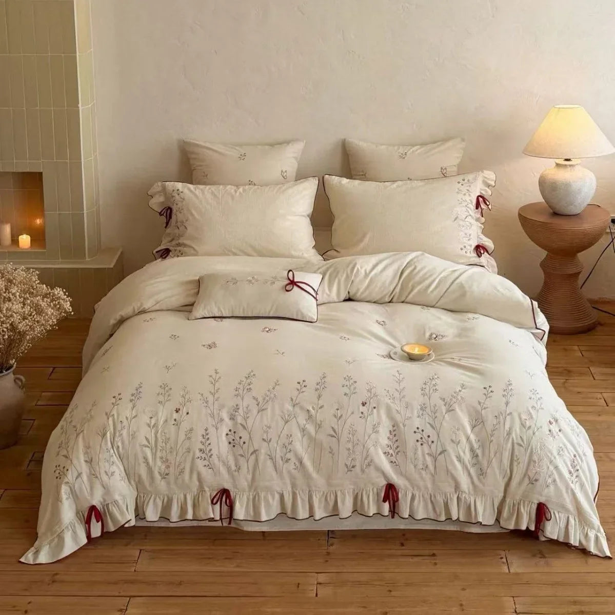 Duvet Cover Set Hand-Embroidered Floral Cotton-Linen 4-Piece