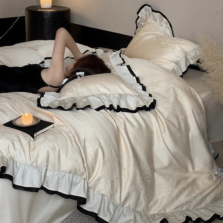 Duvet Cover Set Jacquard Embroidery Ruffle Border 4-Piece