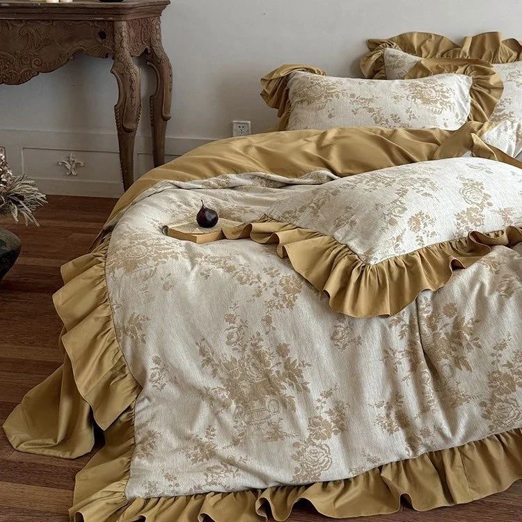 Duvet Cover Set Jacquard Floral Cotton-Linen Ruffled Edges