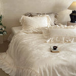 Duvet Cover Set Jacquard Floral Ruffle Trim Satin-Like Finish