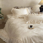 Duvet Cover Set Jacquard Floral Ruffle Trim Satin-Like Finish