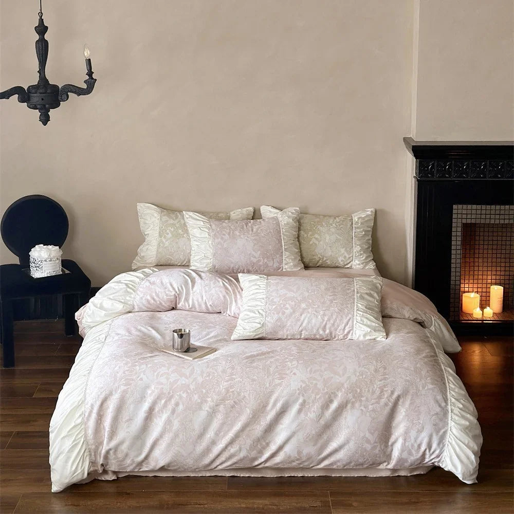 Duvet Cover Set Jacquard Floral Satin Trim Hidden Zipper