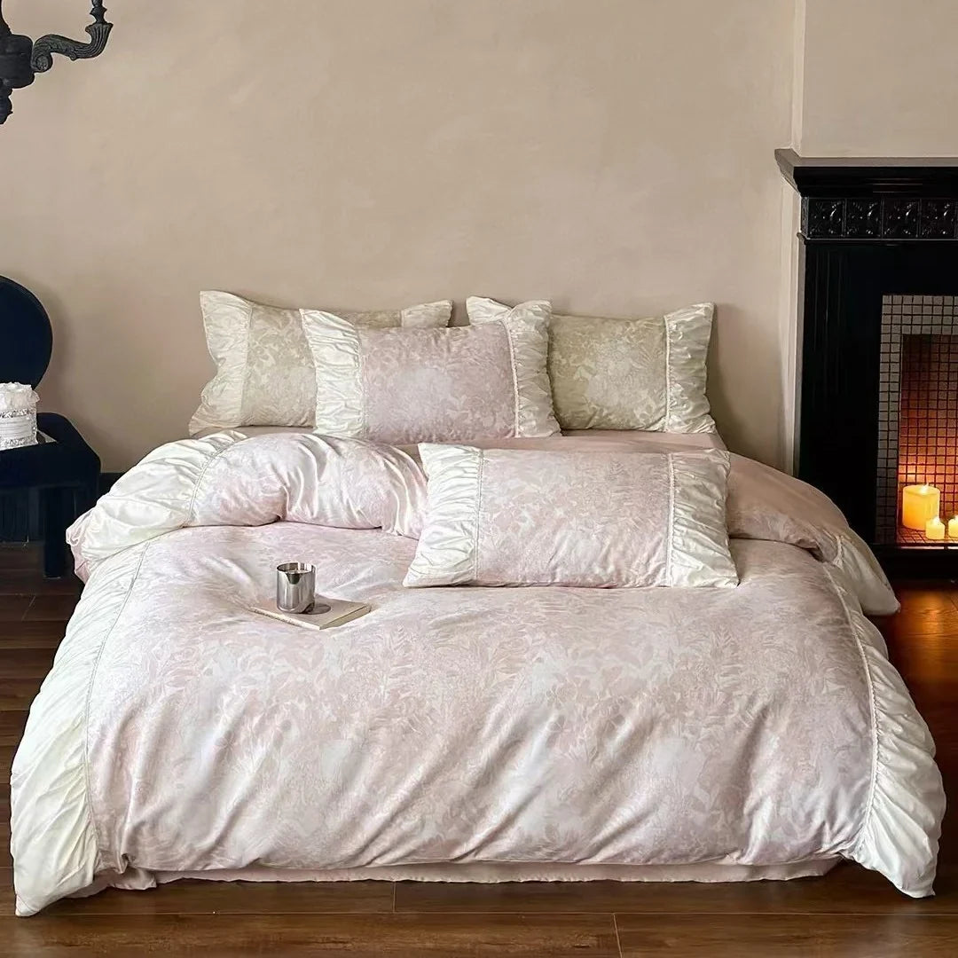 Duvet Cover Set Jacquard Floral Satin Trim Hidden Zipper