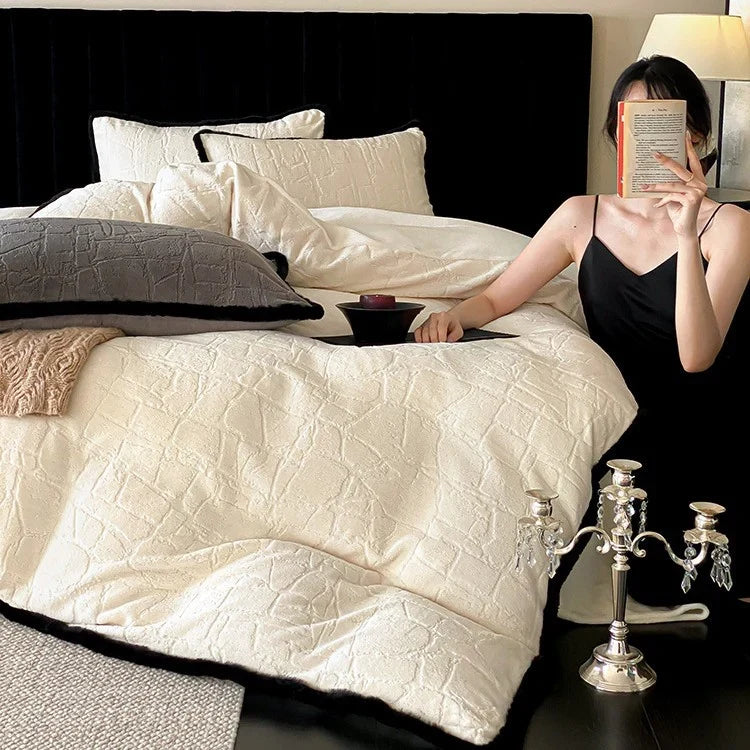 Duvet Cover Set Jacquard Quilting Contrast Piping 4-Piece